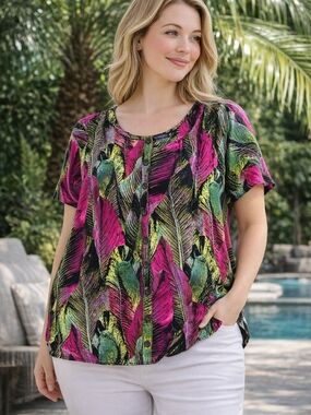 Roman’s Tropical Leaf Print Blouse | Size 24W | Vibrant Pink Green Black | Light